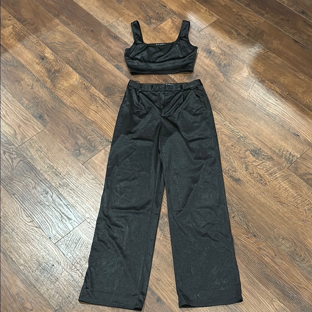Women's silky black pant and cropped top set